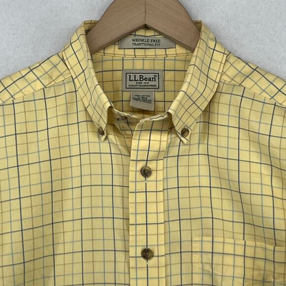 LL BEAN Shirt Mens M Wrinkle Resistant Twill Check Button Down Cotton Yellow - Picture 7 of 15